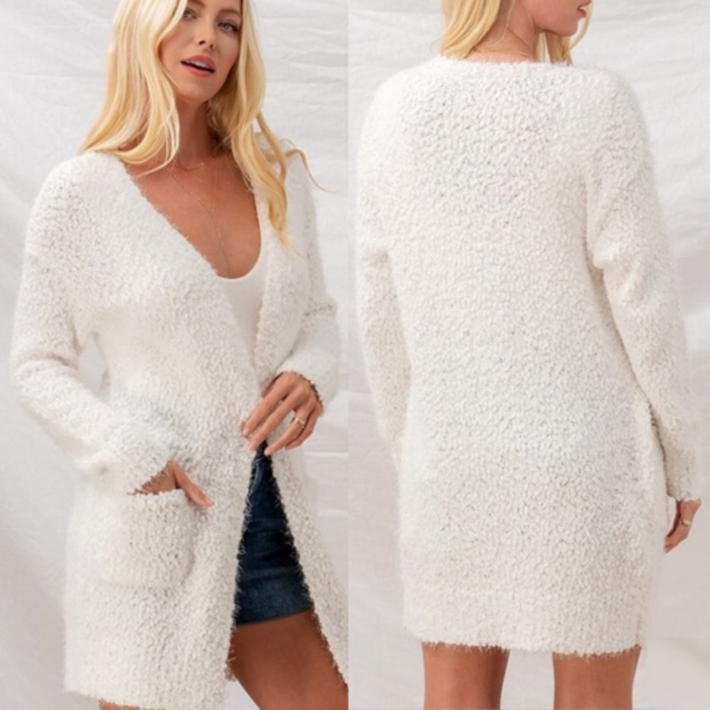 White Eyelash Popcorn Knit Long Cardigan Pockets - Picture 2 of 12